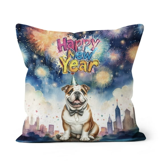 Happy New Year with Bulldog Fireworks Holiday Xmas Winter 2025 Pillow Cushion Double Sided Dog Lover Gifts Idea Throw Pillow - 00025