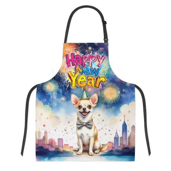 Happy New Year with Chihuahua Fireworks Holiday Xmas Winter 2025 Apron Dog Lover Gifts Idea for Cooking Grilling Baking Painting Gardening - 00025