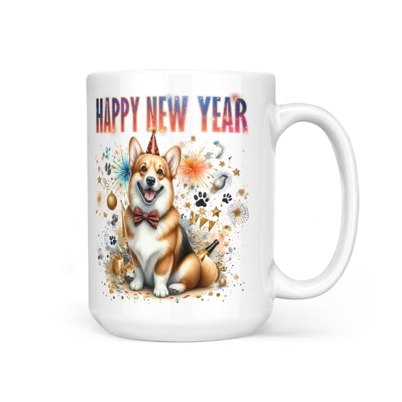 Happy New Year with Corgi Fireworks Holiday Xmas Winter 2025 Mug Welsh Corgi Dog Lover Gifts Idea Coffee Tea Cup - 00025