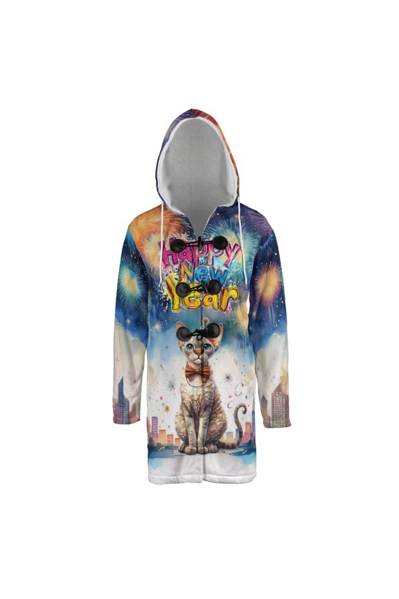 Happy New Year with Devon Rex Fireworks Holiday Xmas Winter 2025 All Over Print 3D Hooded Duffle Toggle Coat Cat Lover Kitten Owner Gifts - 00025