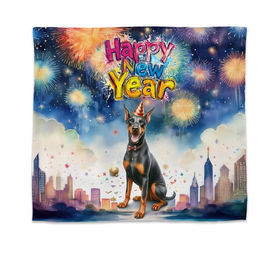 Happy New Year with Doberman Pinscher Fireworks Holiday Xmas Winter 2025 Tapestry Doberman Dog Lover Gifts Wall Hanging Backdrop Home Decor - 00025