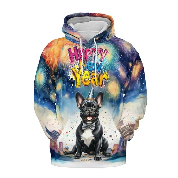 Happy New Year with French Bulldog Fireworks Holiday Xmas Winter 2025 All Over Print 3D Hoodie Unisex Merch Hoodies Dog Lover Gifts - 00025