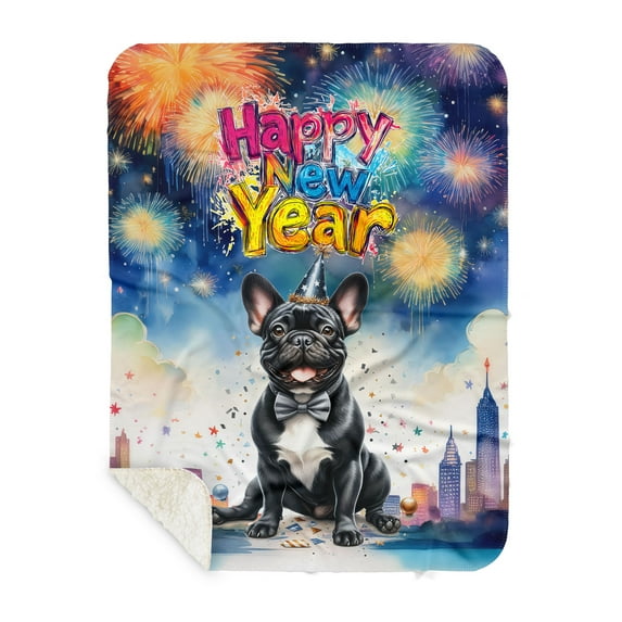 Happy New Year with French Bulldog Fireworks Holiday Xmas Winter 2025 Cozy Sherpa Blanket Dog Lover Gifts Warm Soft Throw Blanket - 00025