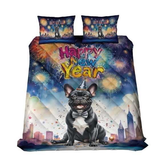 Happy New Year with French Bulldog Fireworks Holiday Xmas Winter 2025 Quilt Bedding Set Dog Lover Gifts 1 Blanket Bed Cover 2 Pillowcases - 00025