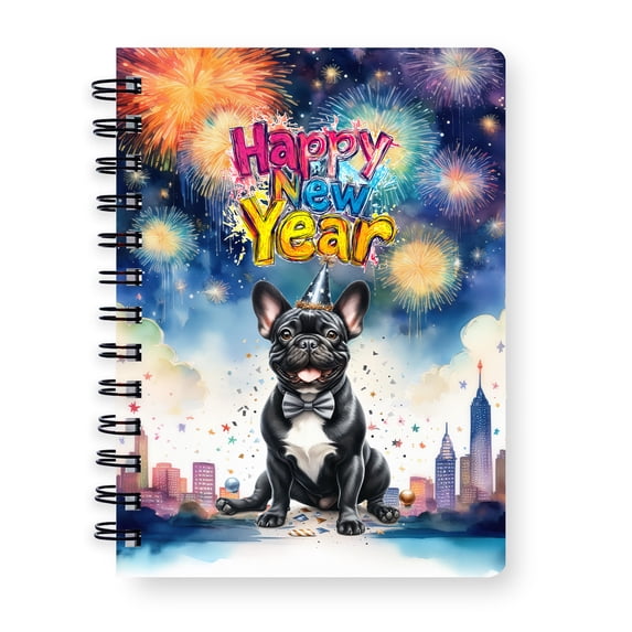 Happy New Year with French Bulldog Fireworks Holiday Xmas Winter 2025 Spiral Bound Journal Dog Lover Gifts 5x7in Spiral Notebook - 00025
