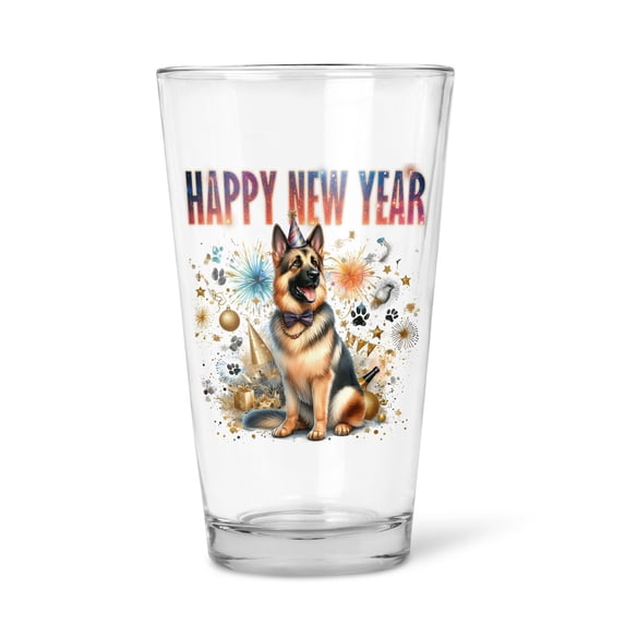 Happy New Year with German Shepherd Fireworks Holiday Xmas Winter 2025 16oz Pint Beer Glass Mug Alsatian Dog Lover Gifts Beer Glasses Cup - 00025