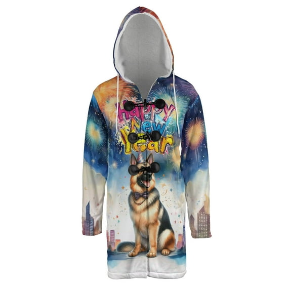 Happy New Year with German Shepherd Fireworks Holiday Xmas Winter 2025 All Over Print 3D Hooded Duffle Toggle Coat Alsatian Dog Lover Gifts - 00025