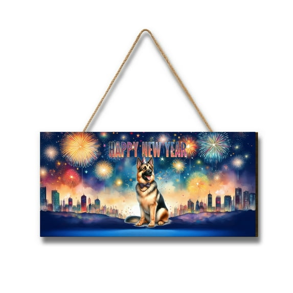 Happy New Year with German Shepherd Fireworks Holiday Xmas Winter 2025 Landscape Wood Sign Alsatian Dog Lover Gifts Hanging Wall Home Decor - 00025