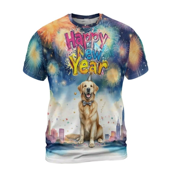 Happy New Year with Golden Retriever Fireworks Holiday Xmas Winter 2025 All Over Print 3D Shirt Unisex Merch Goldens Dog Lover Gifts Idea - 00025