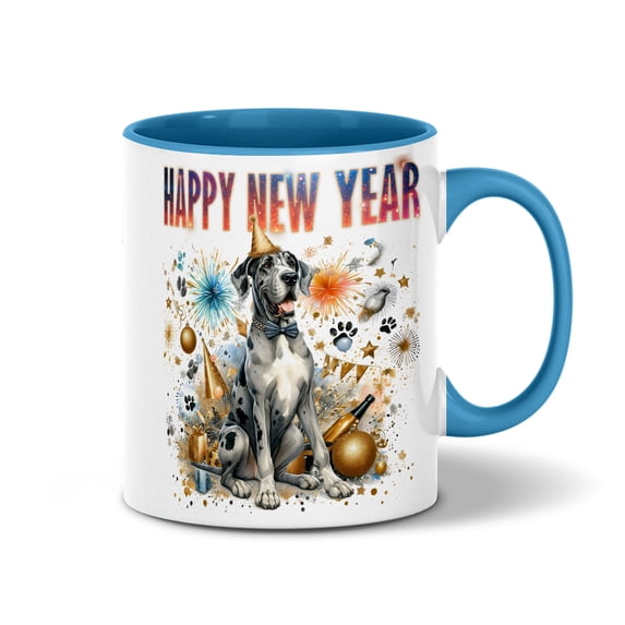 Happy New Year with Great Dane Fireworks Holiday Xmas Winter 2025 11oz Accent Two-tone Mug Danes Dog Lover Gifts Coffee Tea Cup - 00025