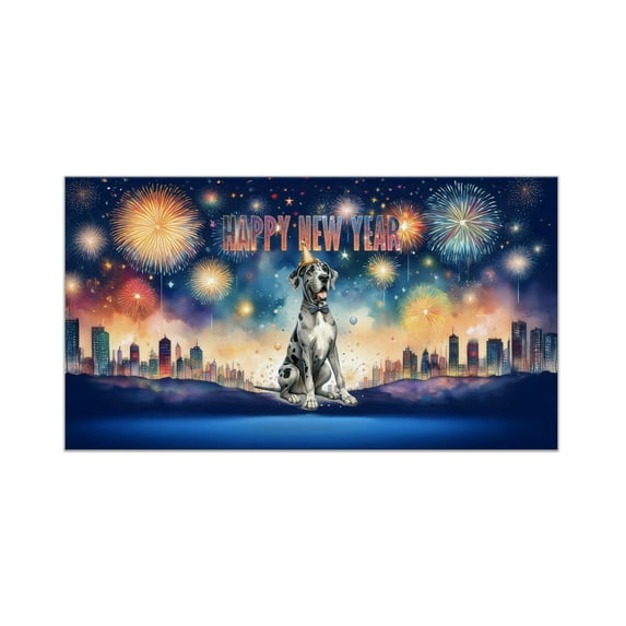 Happy New Year with Great Dane Fireworks Holiday Xmas Winter 2025 Doormat Danes Dog Lover Gifts Indoor Outdoor Welcome Mat - 00025