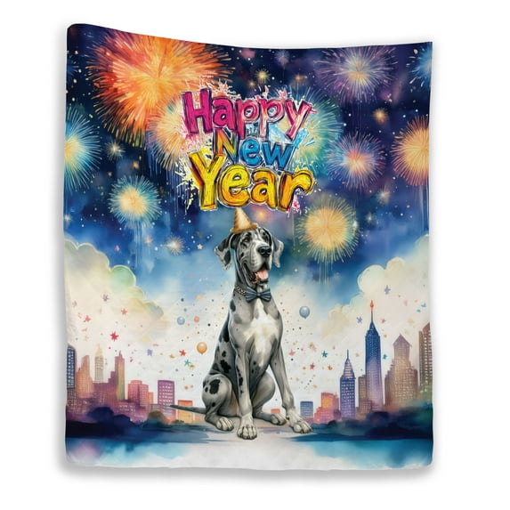 Happy New Year with Great Dane Fireworks Holiday Xmas Winter 2025 Quilt Blanket Danes Dog Lover Gifts Cozy Comforter Throw Blanket - 00025