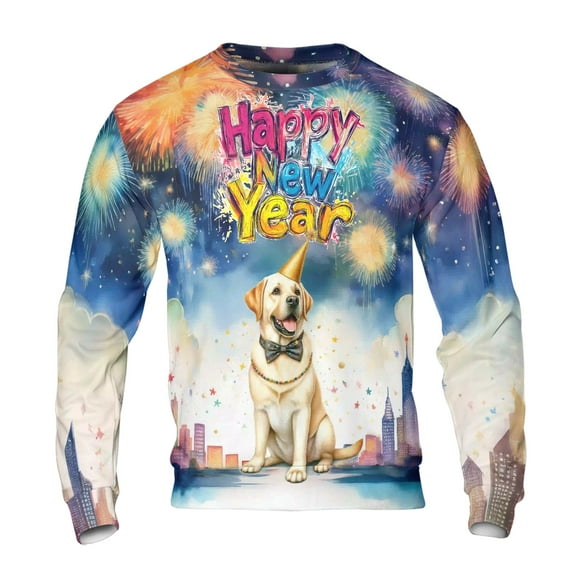 Happy New Year with Labrador Retriever Fireworks Holiday Xmas Winter 2025 All Over Print 3D Sweatshirt Unisex Merch Lab Dog Lover Gifts - 00025
