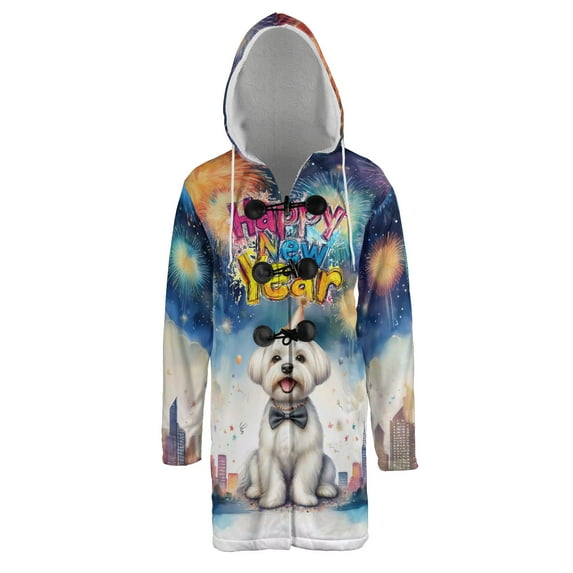 Happy New Year with Maltese Fireworks Holiday Xmas Winter 2025 All Over Print 3D Hooded Duffle Toggle Coat Maltese Dog Lover Gifts Idea - 00025