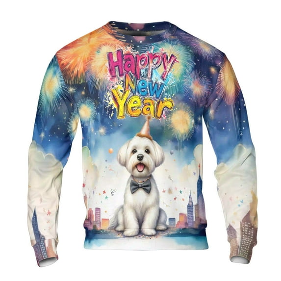 Happy New Year with Maltese Fireworks Holiday Xmas Winter 2025 All Over Print 3D Sweatshirt Unisex Merch Maltese Dog Lover Gifts Idea - 00025