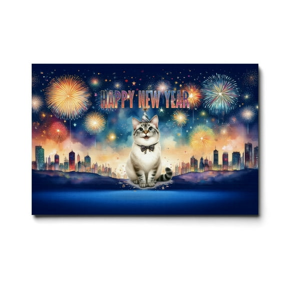 Happy New Year with Manx Fireworks Holiday Xmas Winter 2025 Horizontal Matte Canvas Poster Cat Lover Kitten Owner Gifts Wall Art Home Decor - 00025