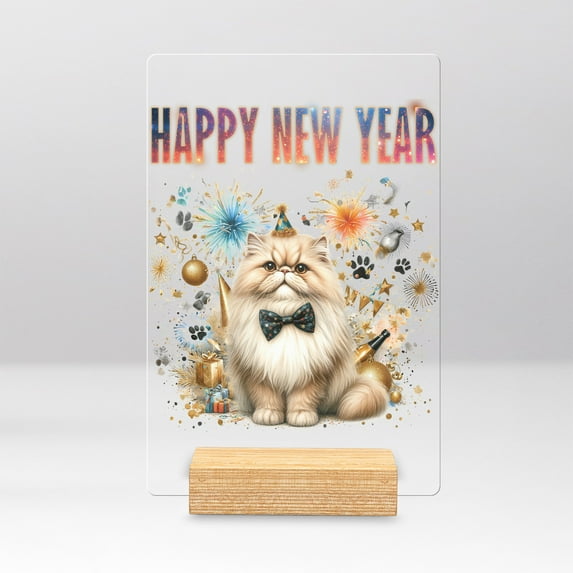 Happy New Year with Persian Fireworks Holiday Xmas Winter 2025 Acrylic Plaque Sign Ashwood Base Cat Lover Kitten Owner Gifts Home Desk Decor - 00025