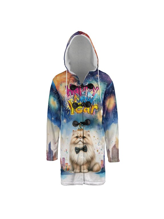 Happy New Year with Persian Fireworks Holiday Xmas Winter 2025 All Over Print 3D Hooded Duffle Toggle Coat Cat Lover Kitten Owner Gifts - 00025