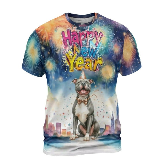 Happy New Year with Pitbull Fireworks Holiday Xmas Winter 2025 All Over Print 3D Shirt Unisex Merch Terrier Dog Lover - 00025