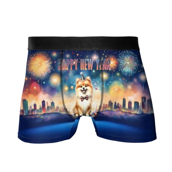 Happy New Year with Pomeranian Fireworks Holiday Xmas Winter 2025 All Over Print Boxer Briefs Underwear for Men Dad Pom Dog Lover Gifts - 00025