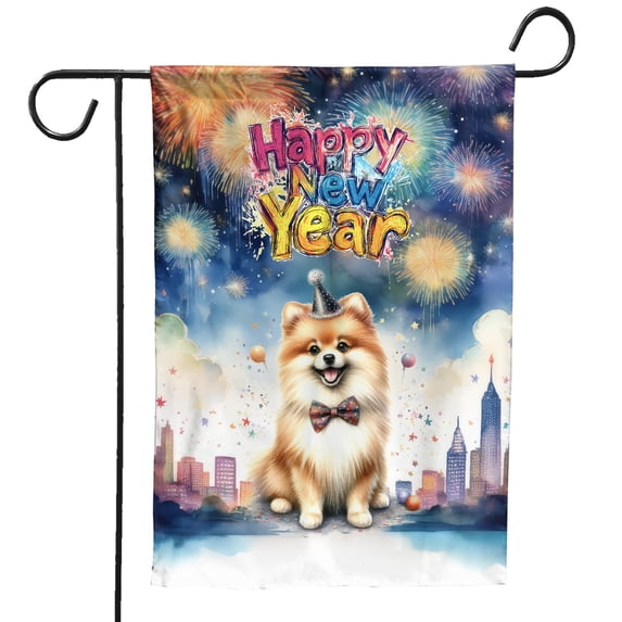 Happy New Year with Pomeranian Fireworks Holiday Xmas Winter 2025 Garden Flag 12x18in Double Sided Pom Dog Lover Gifts Outdoor Decor - 00025