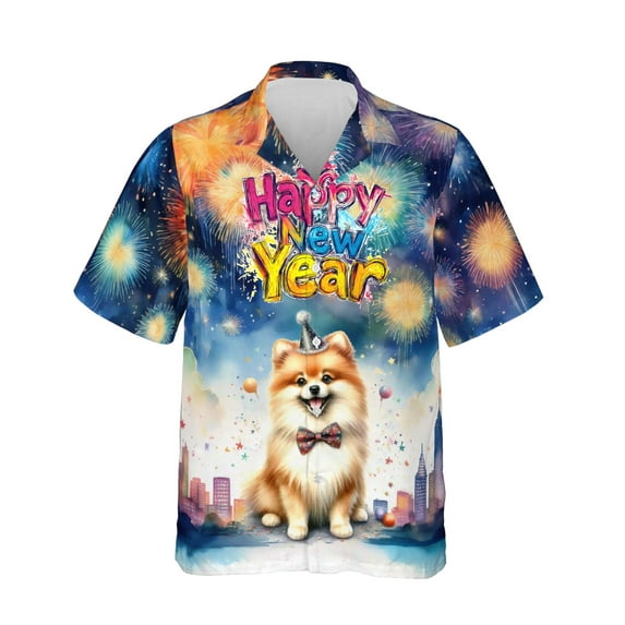 Happy New Year with Pomeranian Fireworks Holiday Xmas Winter 2025 Hawaiian Shirt Breathable Summer Unisex Merch Pom Dog Lover Gifts - 00025