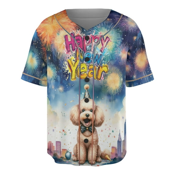 Happy New Year with Poodle Fireworks Holiday Xmas Winter 2025 All Over Print 3D Baseball Shirt Poodles Dog Lover Gifts Idea Softball Sport - 00025