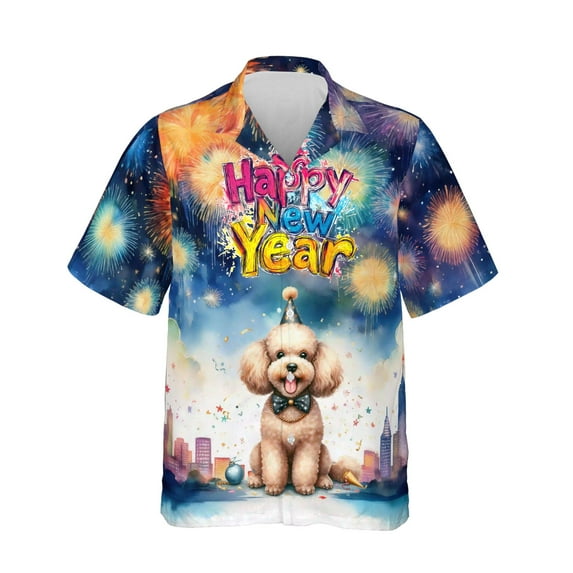 Happy New Year with Poodle Fireworks Holiday Xmas Winter 2025 Hawaiian Shirt Breathable Summer Unisex Merch Poodles Dog Lover Gifts Idea - 00025