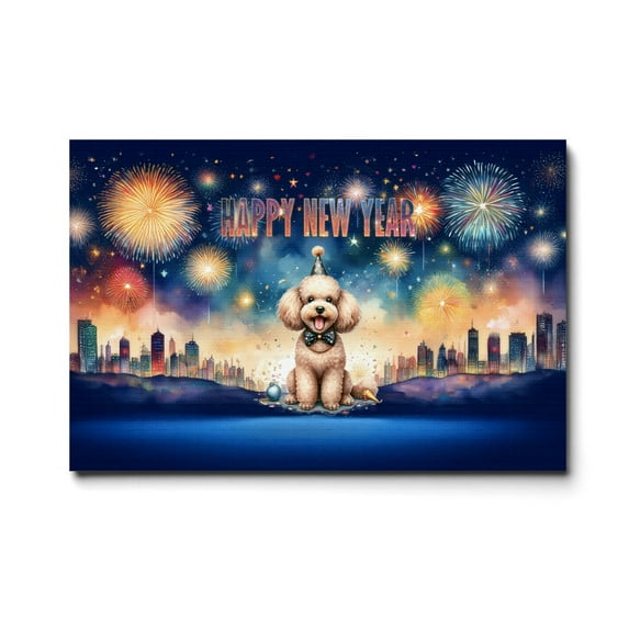 Happy New Year with Poodle Fireworks Holiday Xmas Winter 2025 Horizontal Matte Canvas Poster Poodles Dog Lover Gifts Idea Wall Art Home Decor - 00025