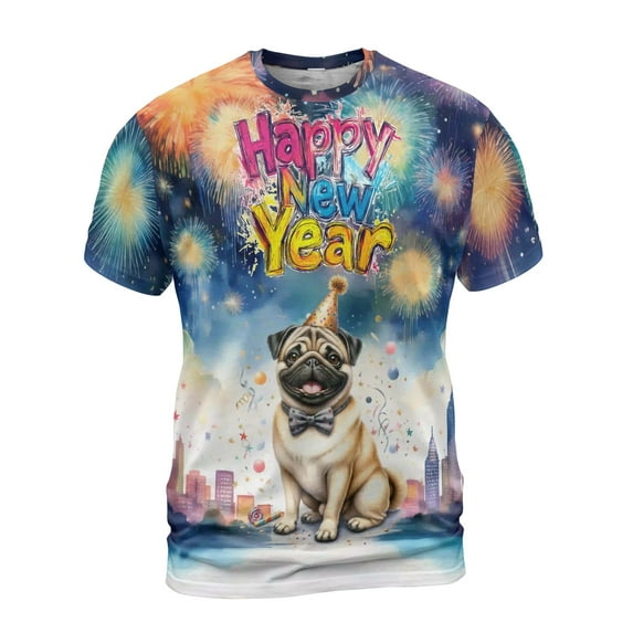 Happy New Year with Pug Fireworks Holiday Xmas Winter 2025 All Over Print 3D Shirt Unisex Merch Dog Lover Gifts - 00025