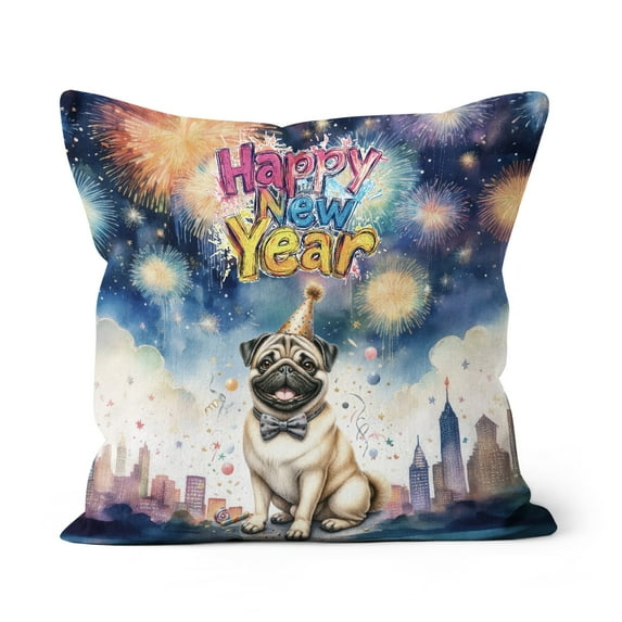 Happy New Year with Pug Fireworks Holiday Xmas Winter 2025 Pillow Cushion Double Sided Dog Lover Gifts Throw Pillow - 00025