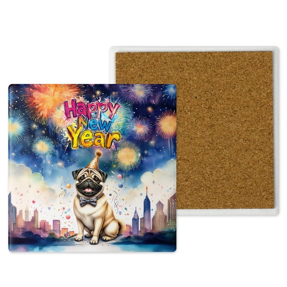 Happy New Year with Pug Fireworks Holiday Xmas Winter 2025 Set of 4 Stone Coasters Dog Lover Gifts 4x4in Absorbent Soapstone Coaster - 00025