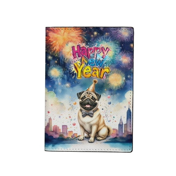 Happy New Year with Pug Fireworks Holiday Xmas Winter 2025 Travel Passport Wallet Dog Lover Gifts PU Leather Passport Holder Cover - 00025