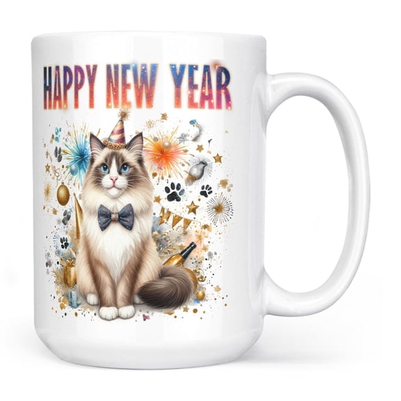 Happy New Year with Ragdoll Fireworks Holiday Xmas Winter 2025 Mug Cat Lover Kitten Owner Gifts Idea Coffee Tea Cup - 00025