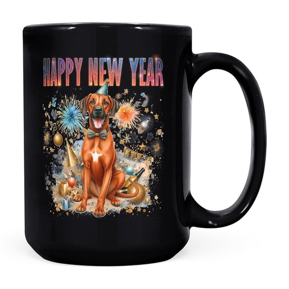 Happy New Year with Rhodesian Ridgeback Fireworks Holiday Xmas Winter 2025 Mug Ridgebacks Dog Lover Gifts Coffee Tea Cup - 00025