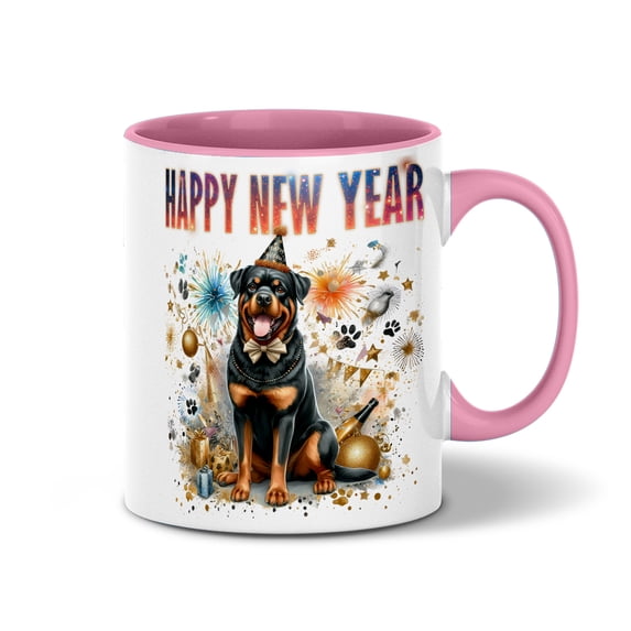 Happy New Year with Rottweiler Fireworks Holiday Xmas Winter 2025 11oz Accent Two-tone Mug Rottie Dog Lover Gifts Idea Coffee Tea Cup - 00025