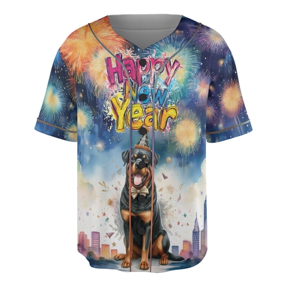Happy New Year with Rottweiler Fireworks Holiday Xmas Winter 2025 All Over Print 3D Baseball Shirt Rottie Dog Lover Gifts Idea Softball Sport - 00025