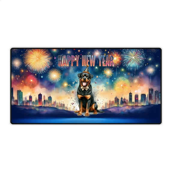 Happy New Year with Rottweiler Fireworks Holiday Xmas Winter 2025 Desk Mat Full Keyboard Mouse Pad Rottie Dog Lover Gifts Idea Large Mousepad - 00025