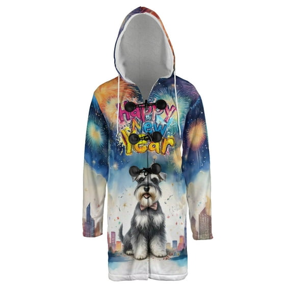 Happy New Year with Schnauzer Fireworks Holiday Xmas Winter 2025 All Over Print 3D Hooded Duffle Toggle Coat Miniature Schnauzer Dog Lover - 00025