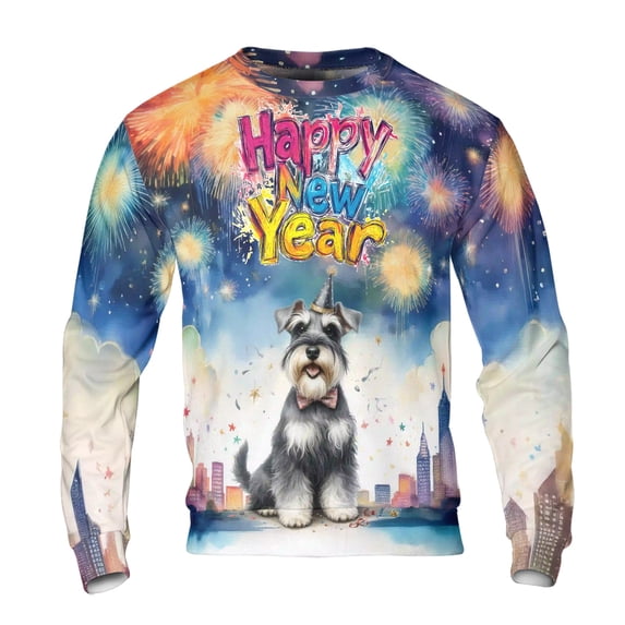 Happy New Year with Schnauzer Fireworks Holiday Xmas Winter 2025 All Over Print 3D Sweatshirt Unisex Merch Miniature Schnauzer Dog Lover - 00025