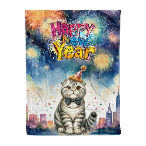 Happy New Year with Scottish Fold Fireworks Holiday Xmas Winter 2025 Cozy Fleece Blanket Cat Lover Kitten Owner Gifts Warm Soft Throw Blanket - 00025