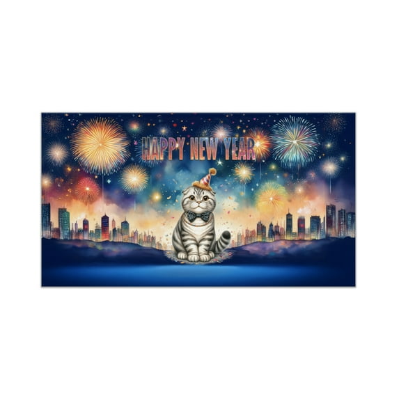 Happy New Year with Scottish Fold Fireworks Holiday Xmas Winter 2025 Doormat Cat Lover Kitten Owner Gifts Indoor Outdoor Welcome Mat - 00025