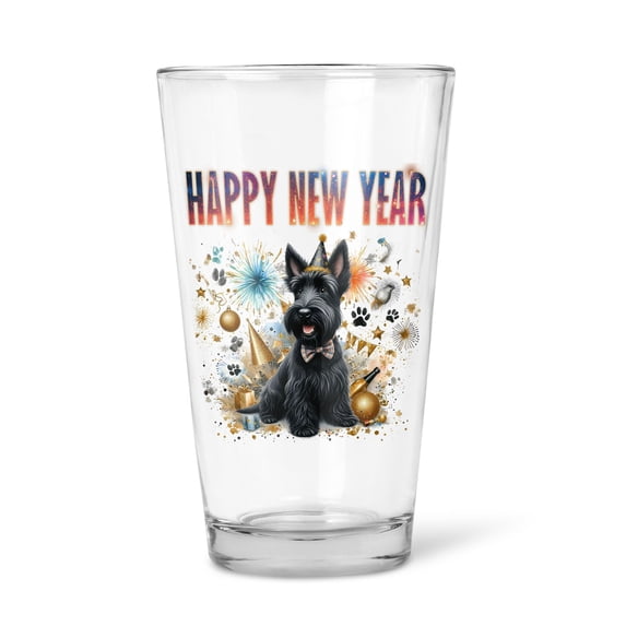 Happy New Year with Scottish Terrier Fireworks Holiday Xmas Winter 2025 16oz Pint Beer Glass Mug Scottie Dog Lover Gifts Beer Glasses Cup - 00025