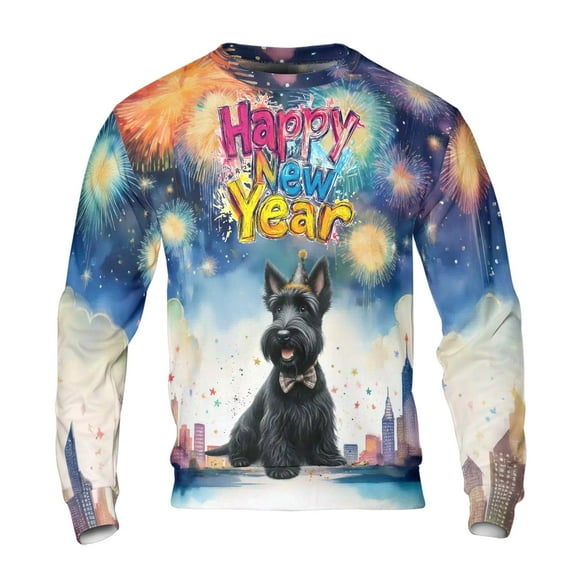 Happy New Year with Scottish Terrier Fireworks Holiday Xmas Winter 2025 All Over Print 3D Sweatshirt Unisex Merch Scottie Dog Lover Gifts - 00025