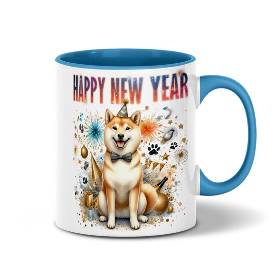 Happy New Year with Shiba Inu Fireworks Holiday Xmas Winter 2025 11oz Accent Two-tone Mug Shibas Dog Lovers Gifts Idea Coffee Tea Cup - 00025
