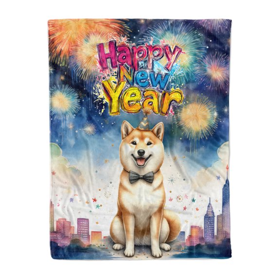 Happy New Year with Shiba Inu Fireworks Holiday Xmas Winter 2025 Cozy Fleece Blanket Shibas Dog Lovers Gifts Idea Warm Soft Throw Blanket - 00025