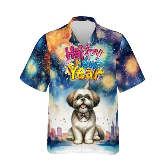 Happy New Year with Shih Tzu Fireworks Holiday Xmas Winter 2025 Hawaiian Shirt Breathable Summer Unisex Merch Lion Dog Lover Gifts - 00025
