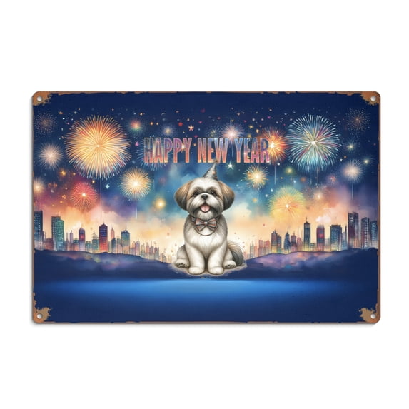 Happy New Year with Shih Tzu Fireworks Holiday Xmas Winter 2025 Horizontal Metal Aluminum Sign Lion Dog Lover Gifts Wall Art Home Decor - 00025
