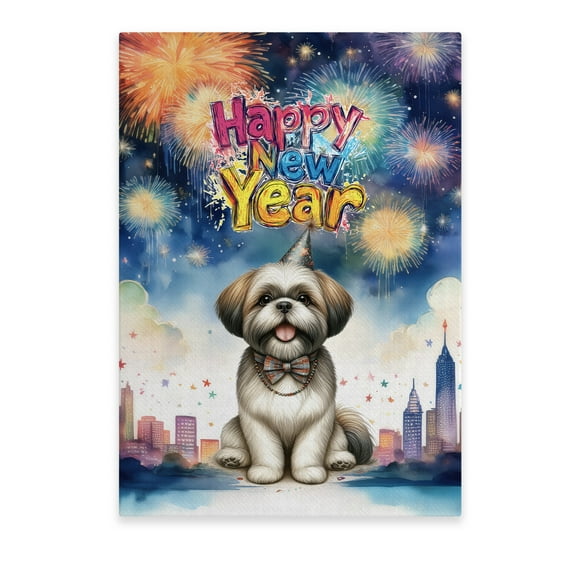 Happy New Year with Shih Tzu Fireworks Holiday Xmas Winter 2025 Vertical Matte Canvas Poster Lion Dog Lover Gifts Wall Art Home Decor - 00025