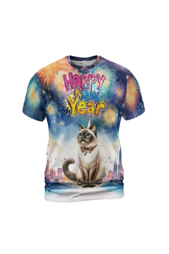 Happy New Year with Siamese Fireworks Holiday Xmas Winter 2025 All Over Print 3D Shirt Unisex Merch Cat Lover Kitten Owner Gifts - 00025